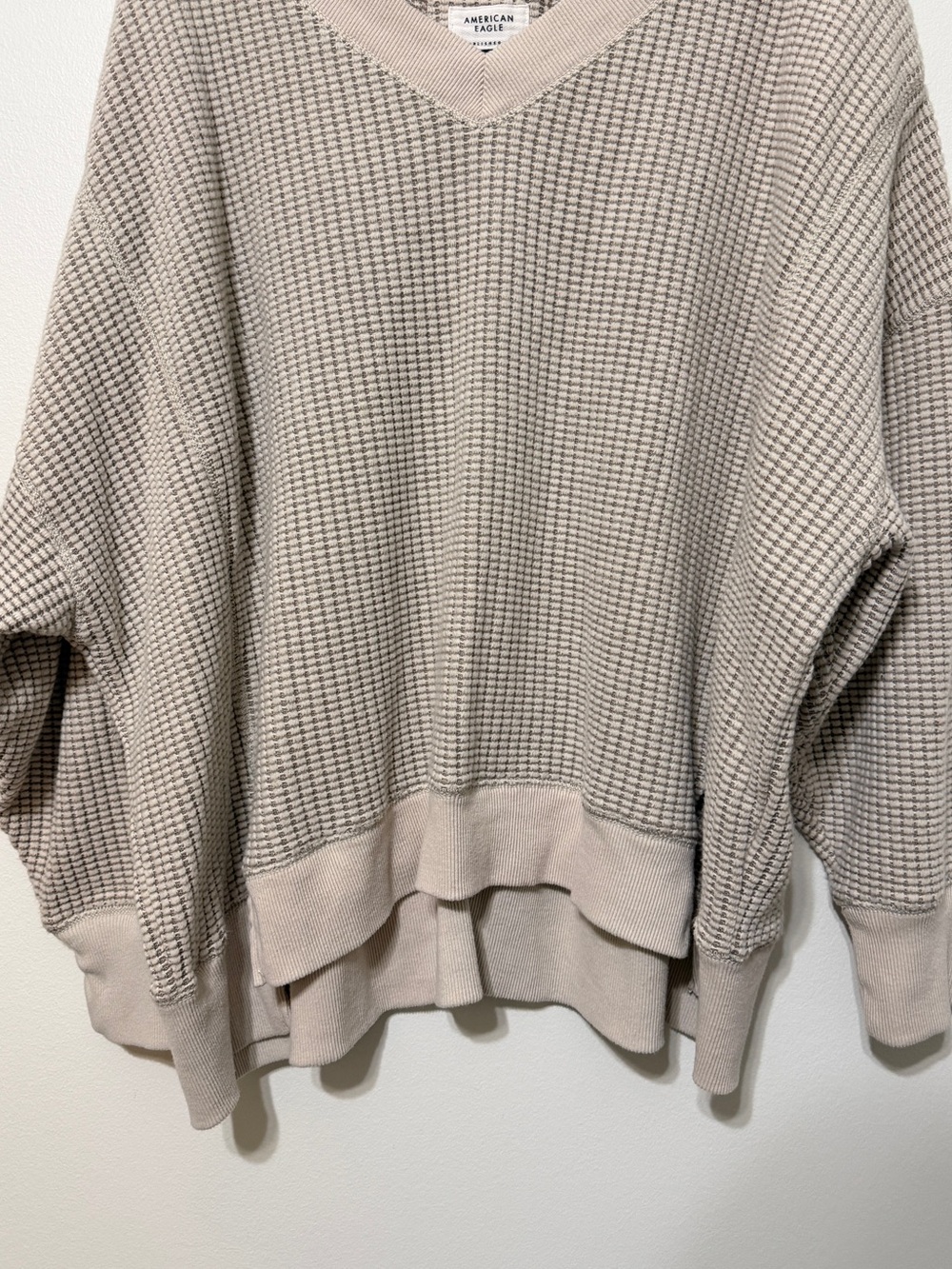 AE Big Hug V-Neck Waffle Sweatshirt Cream Oversized Size XL - Picture 5 of 6